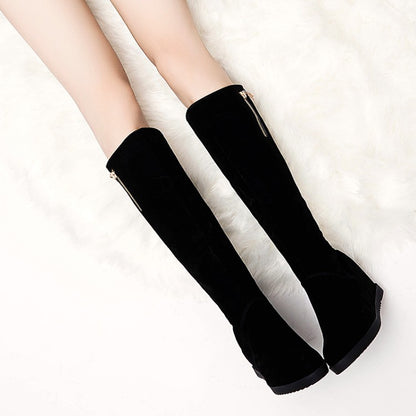 Flock Round Toe Zippers Wedge Heel Knee High Boots for Women