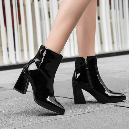 Metal Patent Side Zippers Block Chunky Heel Short Boots for Women