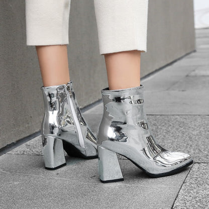 Metal Patent Side Zippers Block Chunky Heel Short Boots for Women