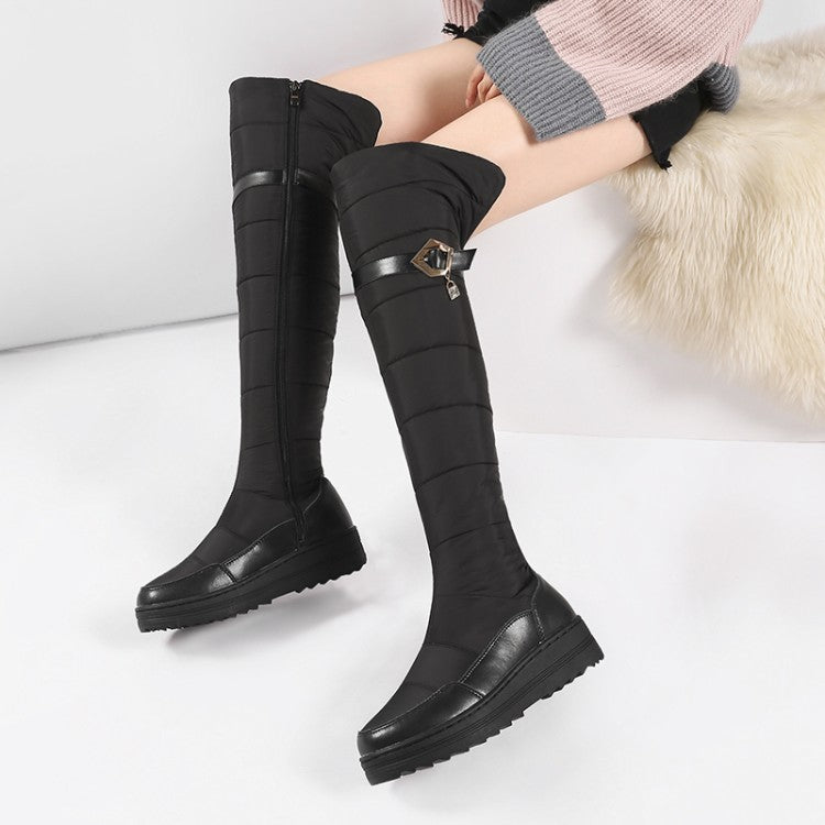 Ladies Leather Waterproof Rhinestones Wedge Heels Down Over the Knee Boots for Winter