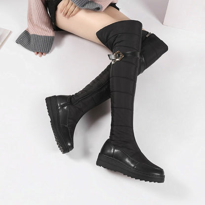 Ladies Leather Waterproof Rhinestones Wedge Heels Down Over the Knee Boots for Winter