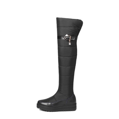 Ladies Leather Waterproof Rhinestones Wedge Heels Down Over the Knee Boots for Winter