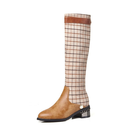 Ladies Lattice Patchwork Puppy Heel Knee High Boots