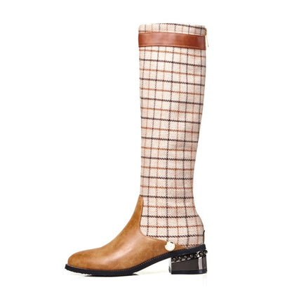 Ladies Lattice Patchwork Puppy Heel Knee High Boots