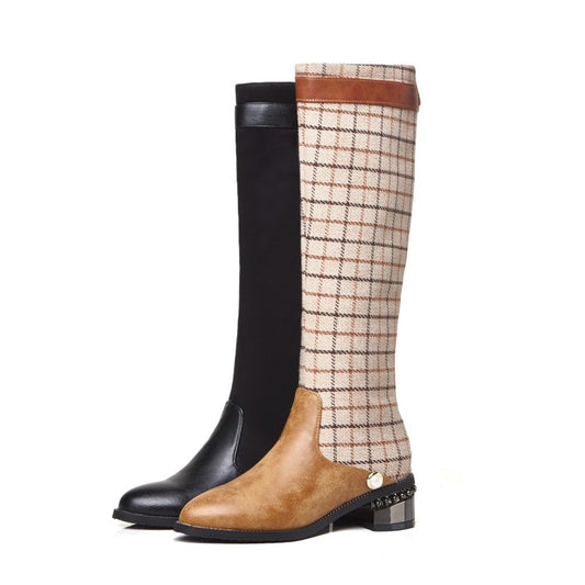 Ladies Lattice Patchwork Puppy Heel Knee High Boots