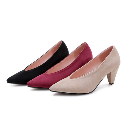 Ladies Pumps Flock Pointed Toe Shallow Cone Heel