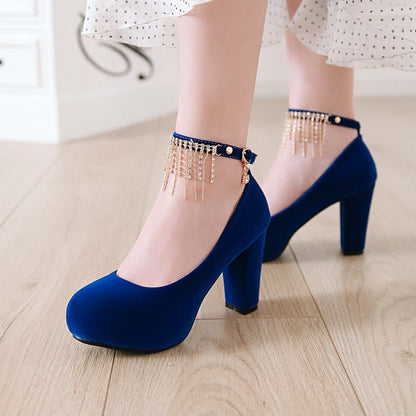 Ladies Suede Almond Toe Rhinestone Tassel Chunky High Heel Platform Pumps Wedding Shoes