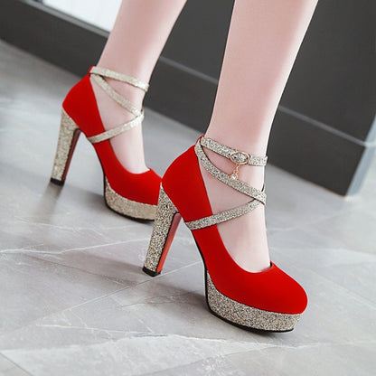 Ladies Bling Bling Sequins Crossed Ankle Strap Chunky Heels High Heel Platform Pumps