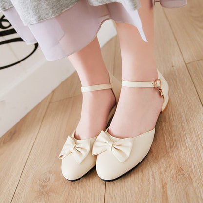 Ladies Round Toe Butterfly Knot Ankle Strap Block Heels Sandals