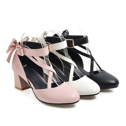 Ladies Ankle Strap Back Butterfly Knot Block Heel Sandals