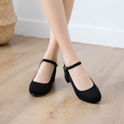 Ladies Flock Mary Janes Ankle Strap Block Heel Pumps