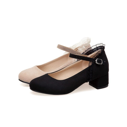 Ladies Flock Mary Janes Ankle Strap Block Heel Pumps