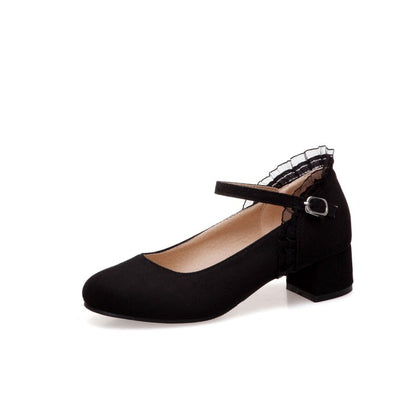 Ladies Flock Mary Janes Ankle Strap Block Heel Pumps