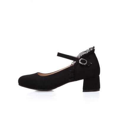 Ladies Flock Mary Janes Ankle Strap Block Heel Pumps