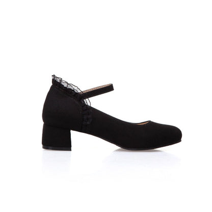 Ladies Flock Mary Janes Ankle Strap Block Heel Pumps