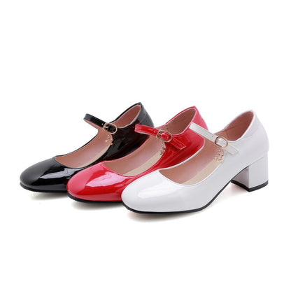 Ladies Pumps Glossy Round Toe Mary Janes Block Chunky Heel