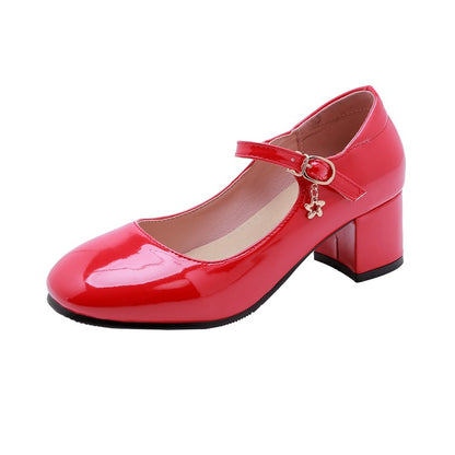 Ladies Pumps Glossy Round Toe Mary Janes Block Chunky Heel