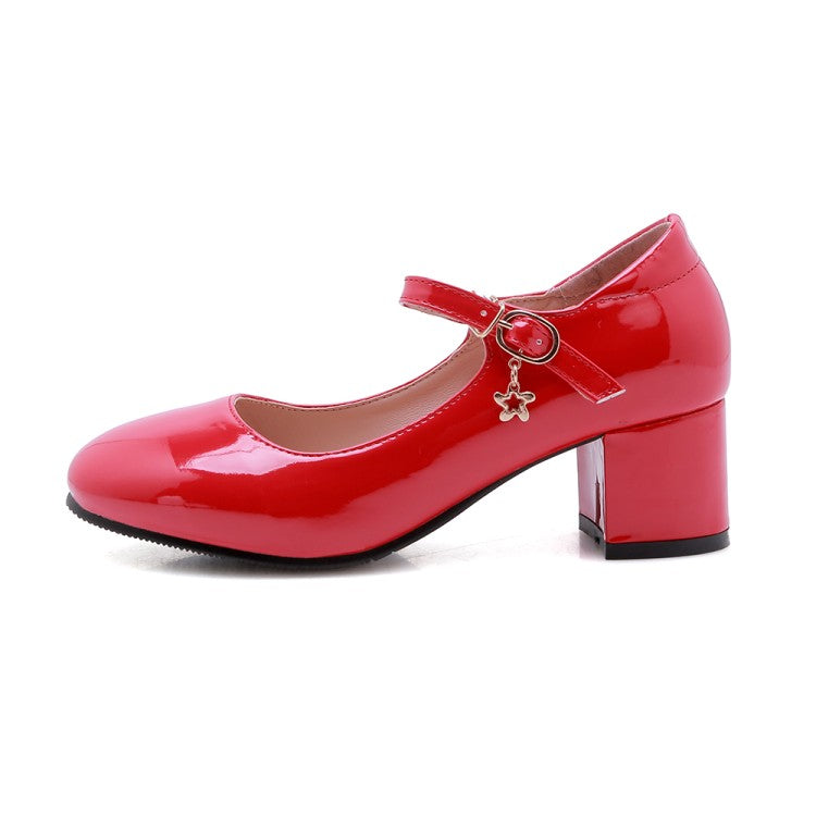 Ladies Pumps Glossy Round Toe Mary Janes Block Chunky Heel