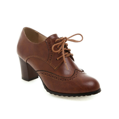 Ladies Retro Tied Carved Medium Heel Oxford Shoes