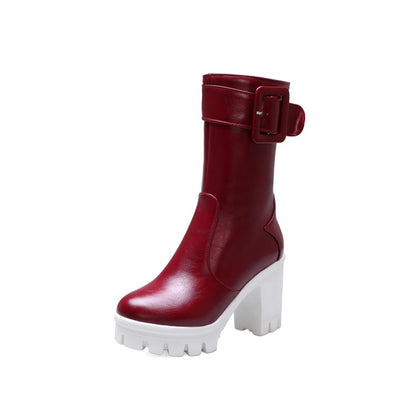 Buckle Block Heel Platform Mid Calf Boots for Women