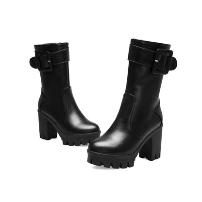 Buckle Block Heel Platform Mid Calf Boots for Women