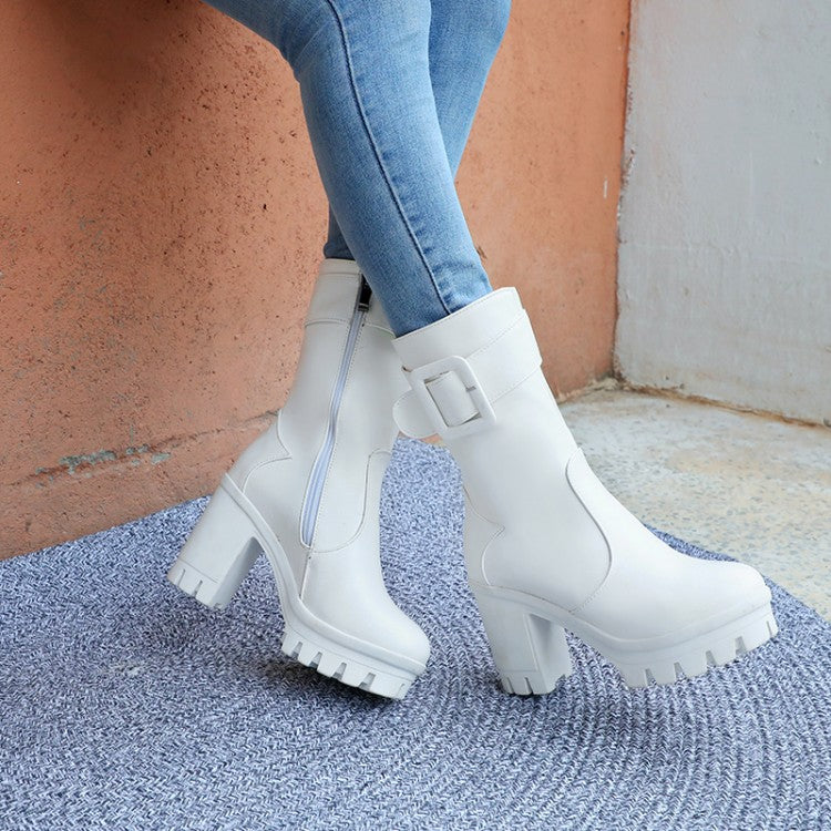 Buckle Block Heel Platform Mid Calf Boots for Women