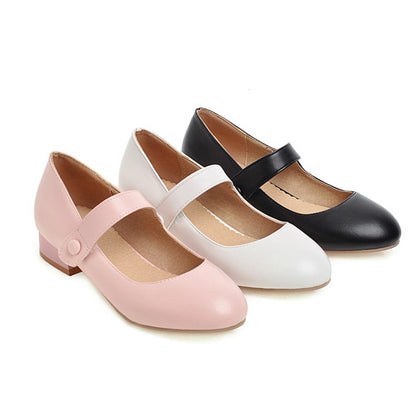 Ladies Pumps Solid Color Round Toe Zipper Ankle Strap Block Heel Shoes