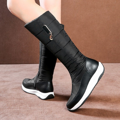 Ladies Leather Zipper Waterproof Wedge Heels Down Tall Boots for Winter