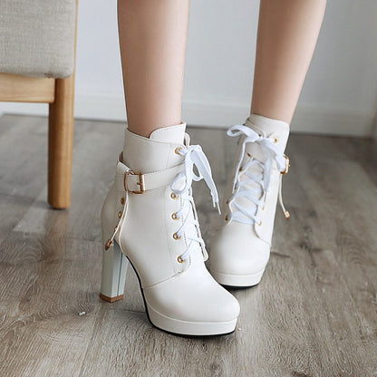 Ladies Lace Up Side Zippers Chunky Heel Platform Ankle Boots