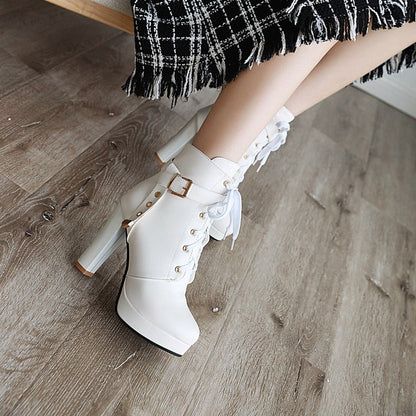 Ladies Lace Up Side Zippers Chunky Heel Platform Ankle Boots