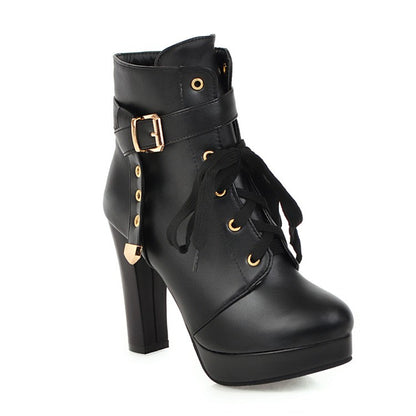 Ladies Lace Up Side Zippers Chunky Heel Platform Ankle Boots