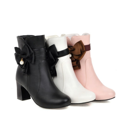 Ladies Bicolor Knot Side Zippers Block Heel Ankle Boots