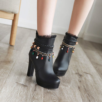 Ladies Pu Leather Ethnic Tassel Lace Chunky Heel Platform Ankle Boots