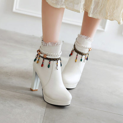 Ladies Pu Leather Ethnic Tassel Lace Chunky Heel Platform Ankle Boots