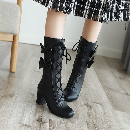 Ladies Pu Leather Round Toe Lace Up Bowtie Block Heel Mid Calf Boots