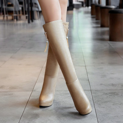 Pearls Tassel Block Chunky Heel Platform Knee High Boots for Women