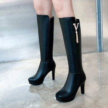 Pearls Tassel Block Chunky Heel Platform Knee High Boots for Women