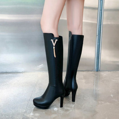 Pearls Tassel Block Chunky Heel Platform Knee High Boots for Women