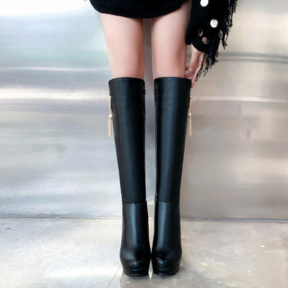 Pearls Tassel Block Chunky Heel Platform Knee High Boots for Women