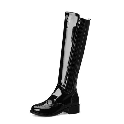 Patent Round Toe Side Zippers Block Chunky Heel Platform Knee High Boots for Women