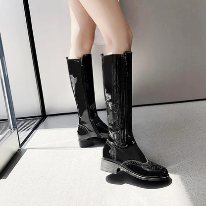 Patent Round Toe Side Zippers Block Chunky Heel Platform Knee High Boots for Women