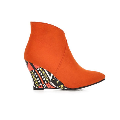 Ladies Suede Pointed Toe Ethnic Wedge Heel Short Boots