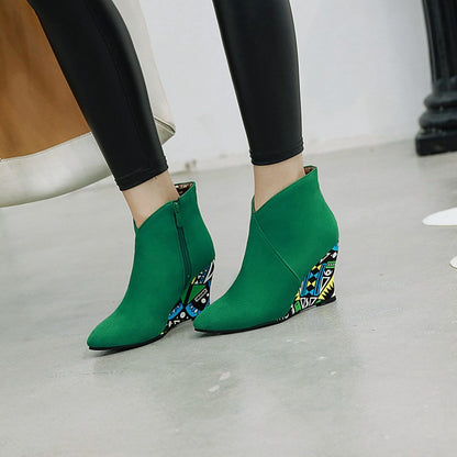 Ladies Suede Pointed Toe Ethnic Wedge Heel Short Boots