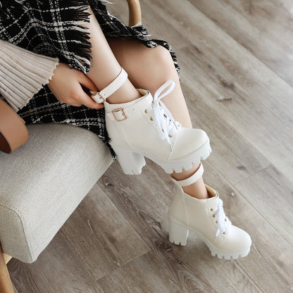 Ladies Pu Leather Lace Up Belts Buckles Block Heel Platform Ankle Boots