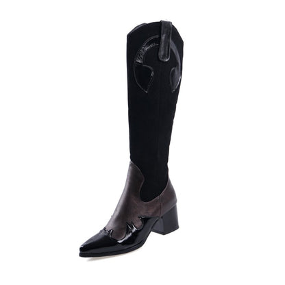 Ladies Patchwork Pointed Toe Block Chunky Heel Knee High Boots