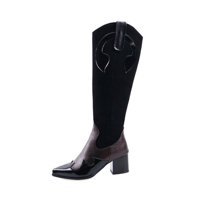 Ladies Patchwork Pointed Toe Block Chunky Heel Knee High Boots