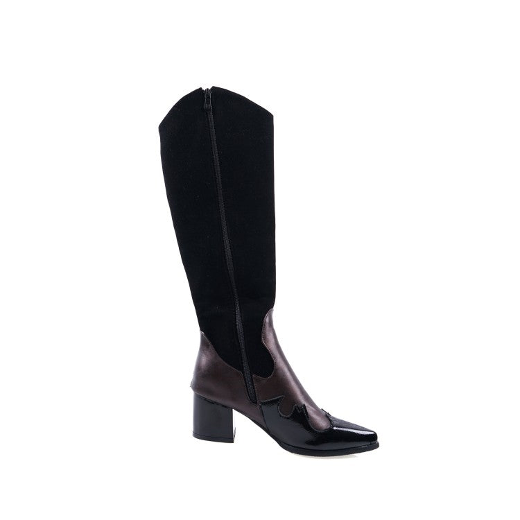 Ladies Patchwork Pointed Toe Block Chunky Heel Knee High Boots