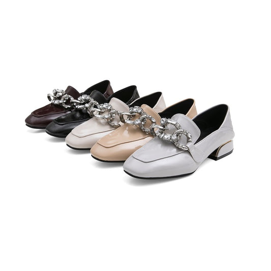 Ladies Pumps Pu Leather Square Toe Metal Chains Decor Puppy Heel Shoes