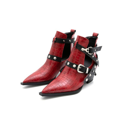 Crocodile Pattern Pointed Toe Rivets Buckle Block Chunky Heel Short Boots for Women