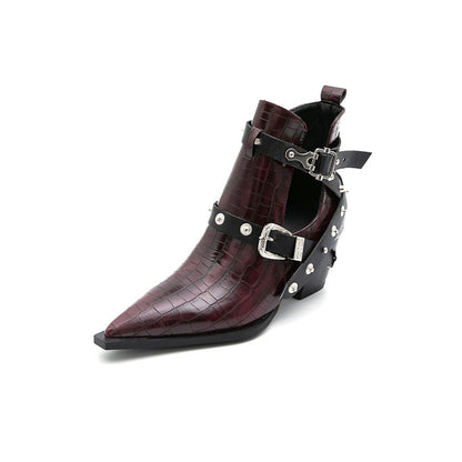 Crocodile Pattern Pointed Toe Rivets Buckle Block Chunky Heel Short Boots for Women